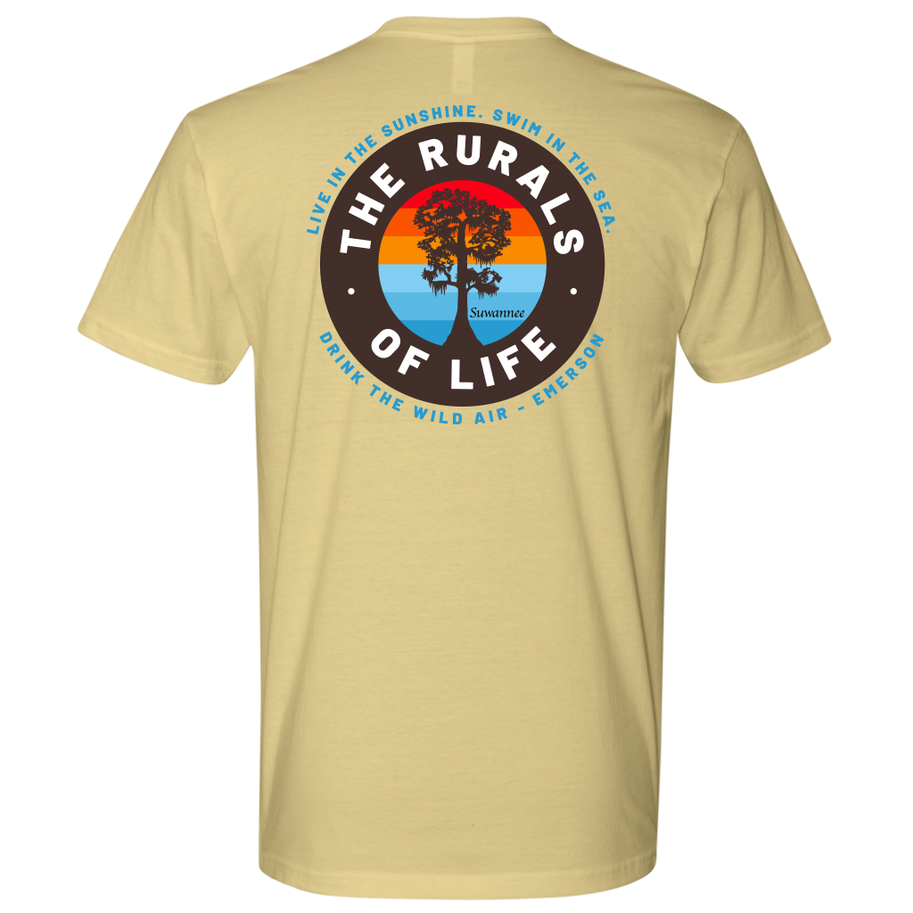 Yellow Mens Short Sleeve Tshirt - Rurals of Life Tee with Cypress Tree and Ralph Waldo Emerson Quote by Suwannee Brand Sportswear Apparel