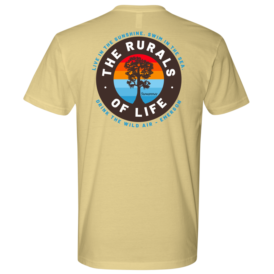 Yellow Mens Short Sleeve Tshirt - Rurals of Life Tee with Cypress Tree and Ralph Waldo Emerson Quote by Suwannee Brand Sportswear Apparel